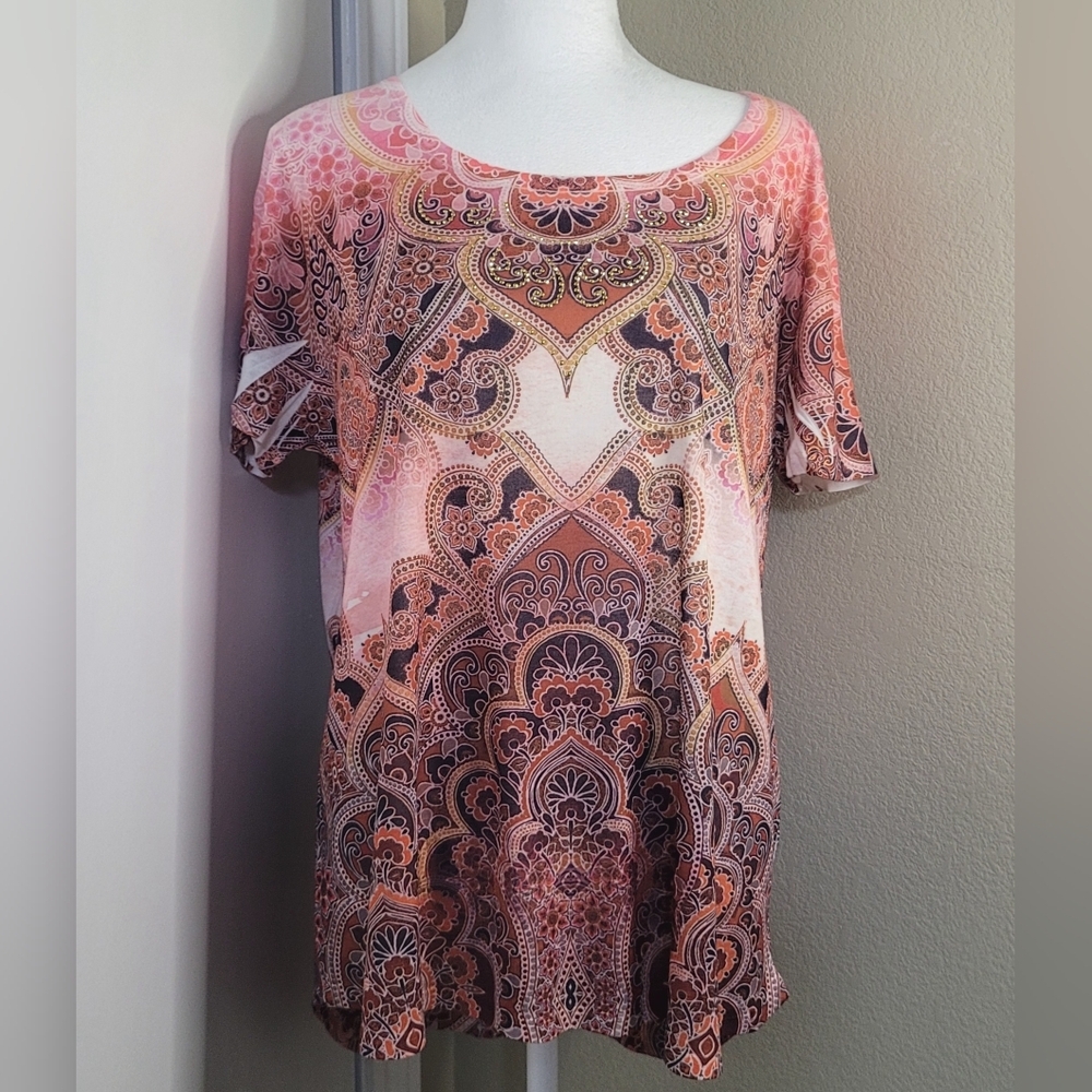 Cato Orange/Pink/Black Sleeveless Boat Neck Stretch Blouse, Size Large